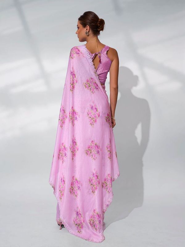Pink Designer Printed Satin Shimmer Saree