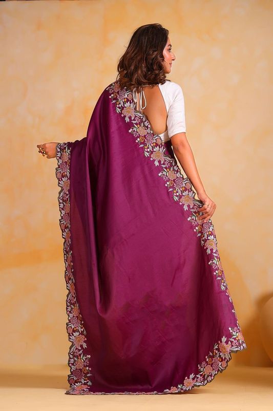 Wine Designer Viscose Thresd Embroidery Work Tusser Silk Saree