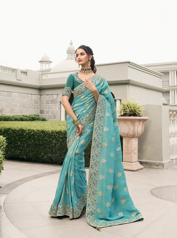 Sky Blue Wevon Jacquard Designer Embroidery Work Viscose Tissue Saree