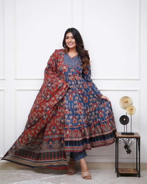 Blue Cotton A-Line Kurta, Anarkali Kurta