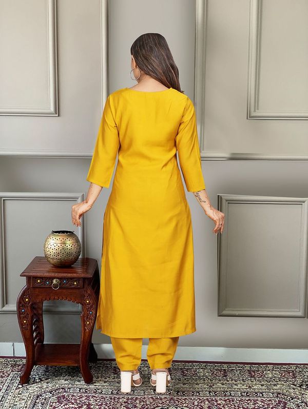 Beautiful Mustard Color Viscose Fabric Graceful Embroidered Readymade Suit