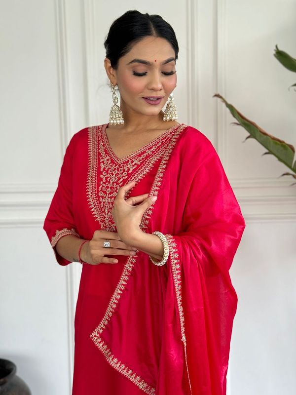 Women Embroidered Straight Kurta with Pant And Printed Dupatta Sets
