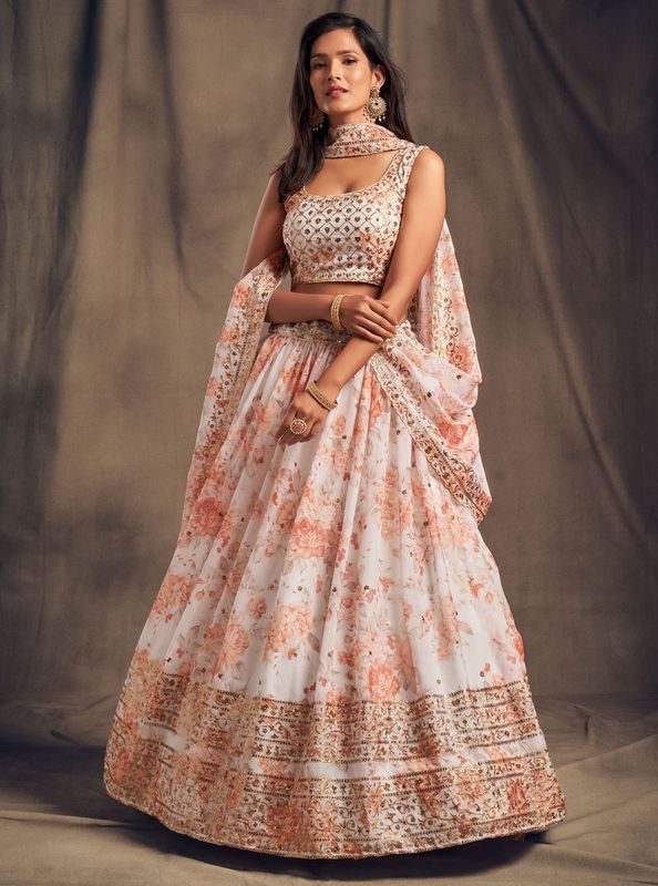 White Women's Organza Embroidery Lehenga Choli