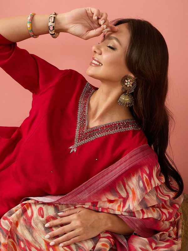 Red Color Rich Looks Hand Woven Readymade Dress With Sophisticated Embroidery Work