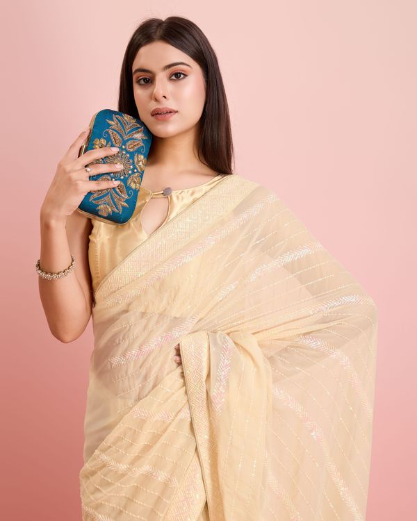 Beige Designer Sequance Embroidery Work Georgette Saree