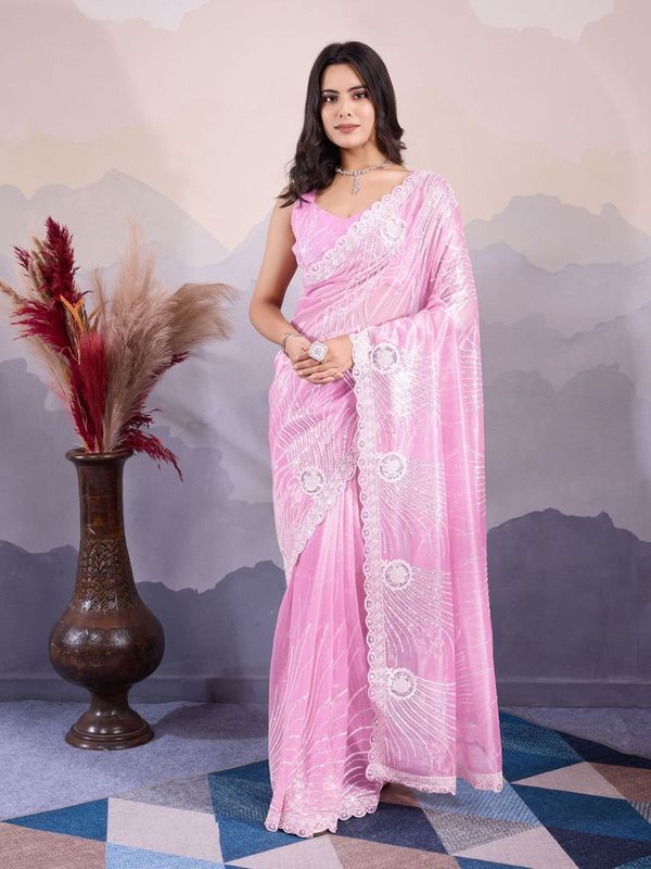 Pink Designer Sequance Embroidery Work Twill Net Saree