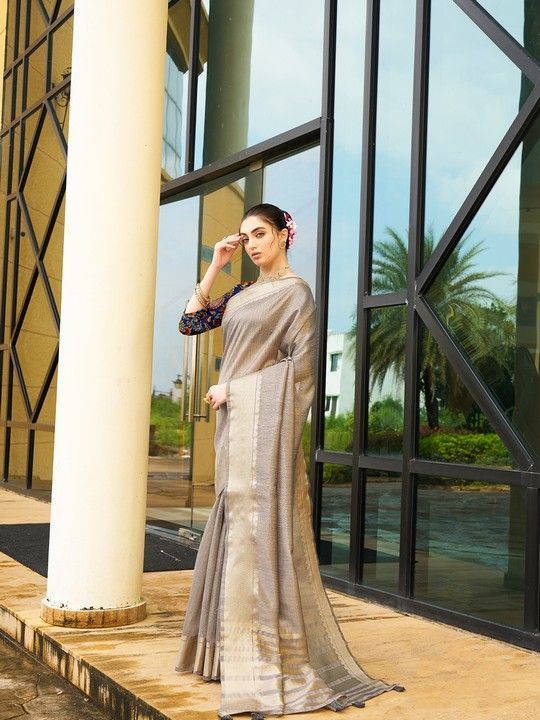 Brown Khadi Striped Saree and Stitched Multi Blouse