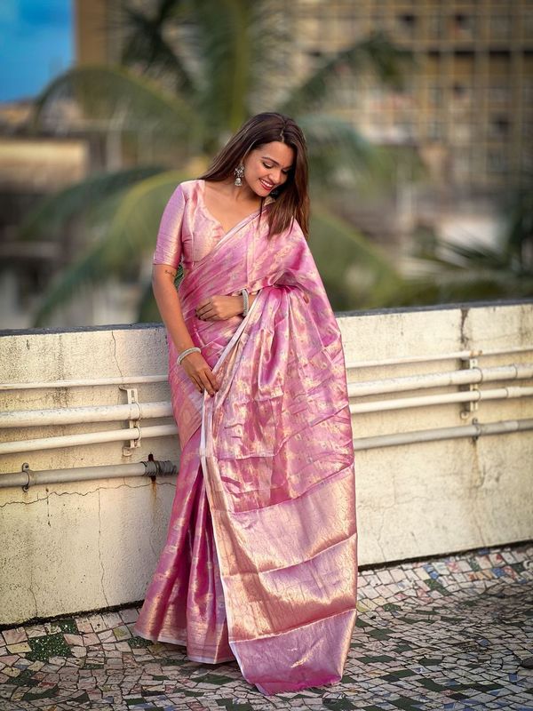 Pink Color Tissue Silk Saree With Weaving Jari Meenakari Designer Looks