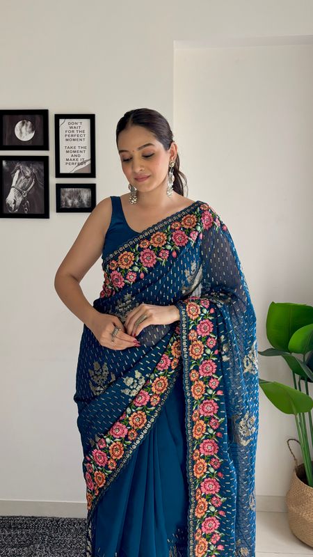 Teal Georgette Bollywood Style Thread And Sequance Embroidery Work Girlie Saree