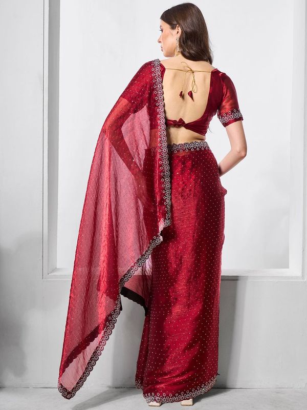 Maroon Color Burburry Fabric Bollywood Style Swarovski Designer Work Evening Party Saree