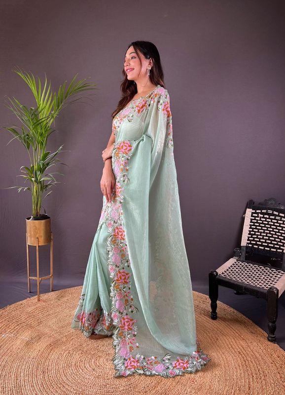 Pista Cross Stich Embroidery Cut Work Glossy Silk Saree