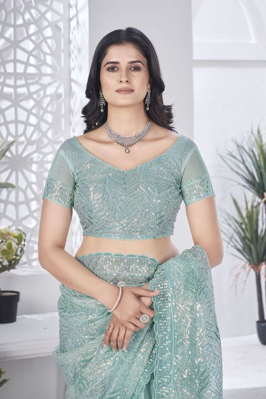 Sea Green Multy Thread & Sequance Embroidery Cut Work Tissue Net Saree