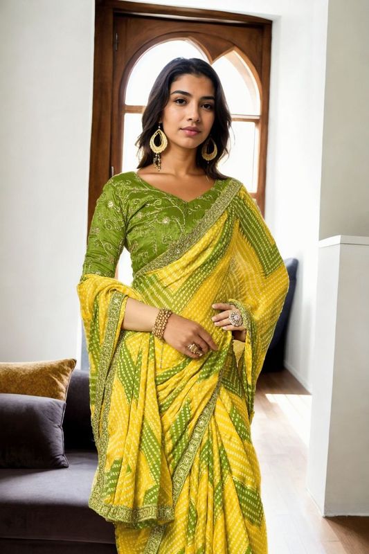 Yellow Bandhani Digital Printed & Embroidery Work Chinon Saree