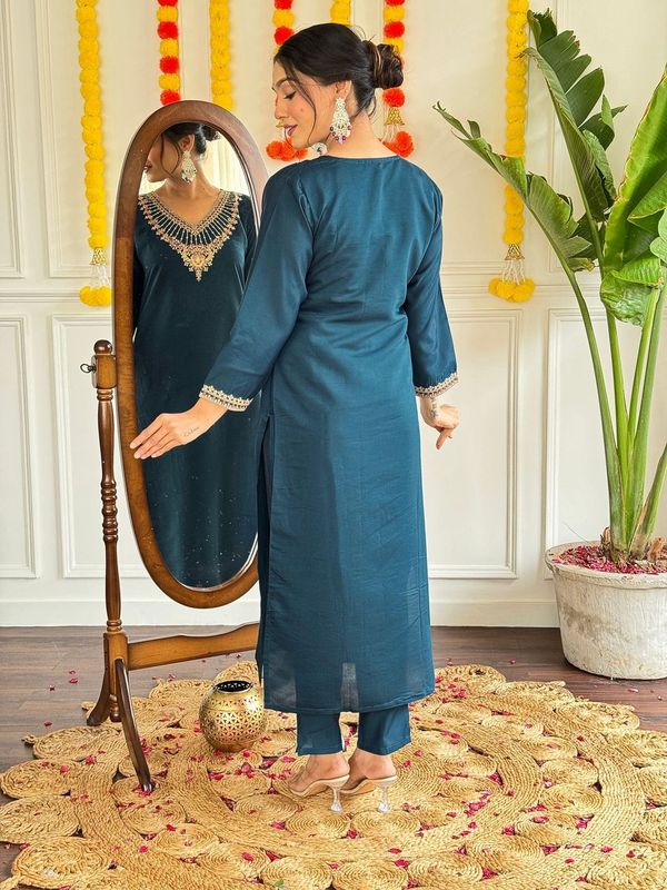 Beautiful Blue Color Viscose Chanderi Fabric Graceful Embroidered Readymade Suit