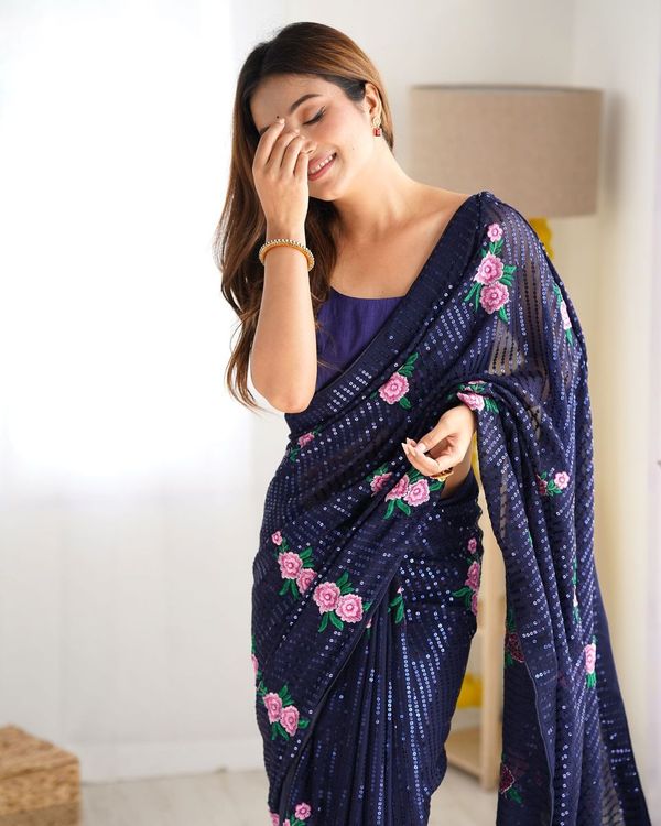 Blue Georgette Thread And Sequins Embroidery Work Glamorous Partywear Saree