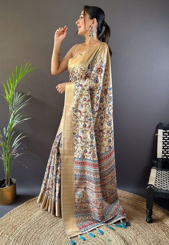 Beige Tussar Silk Wevon Jari Designer Saree With Madhubani Print