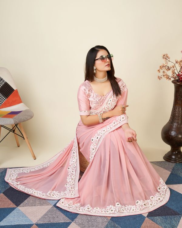 Pink Designer Embroidery Work Georgette Saree