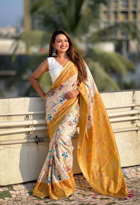 Mustard Wevon Jari Designer & Kalamkari Printed Tussar Silk Saree