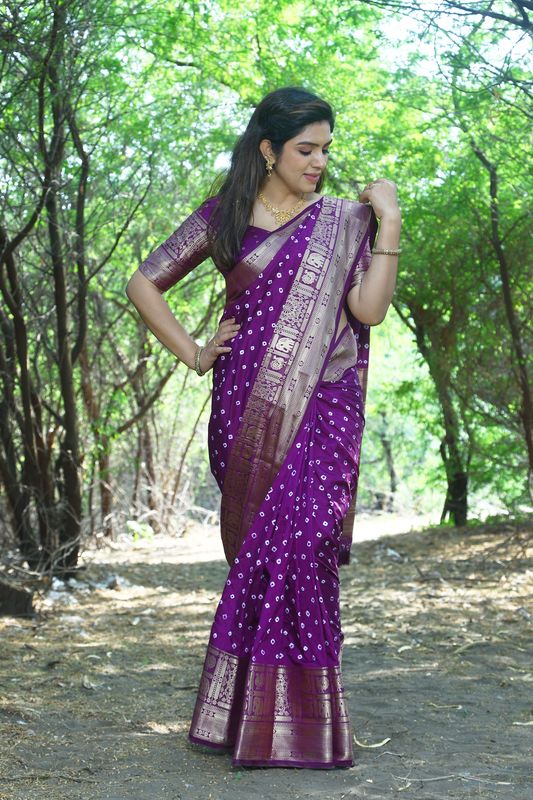 Purple Wevon Jari Heavy Designer & Bandhej Work Kanjivaram Silk Saree
