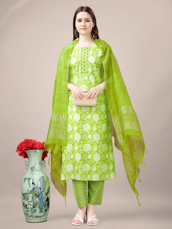 Parrot Green Color Rayon Fabric Designer Printed Readymade Suits With Smart Embroidery Work