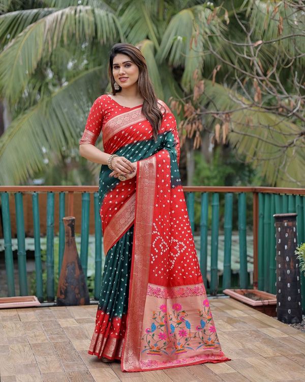 Red Dola Silk Wevon Designer Saree With Traditional Hand Bandhej Printed