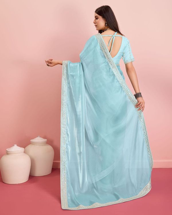 Sky Blue Embroidery Work Lace Blouse Jimmy Choo Saree