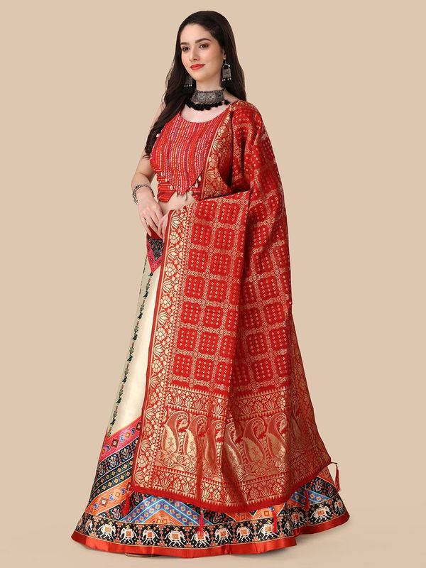 Digital Print Satin Silk Fabric Stitched Lehenga Choli With Jequared Blouse and Assami Silk Thread Work Dupatta For Women and Girls In Festive Party And Traditional Wear