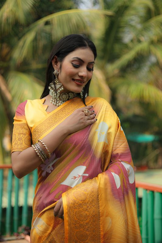 Yellow Wevon Designer & Flower Digital Printed Dola Silk Saree