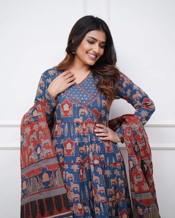 Blue Cotton A-Line Kurta, Anarkali Kurta