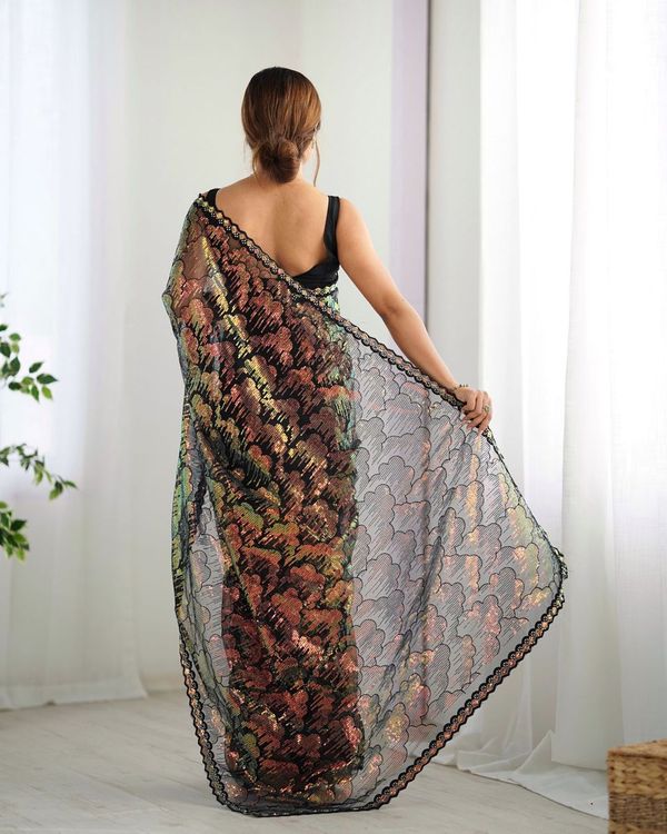 Black Color Mono Net Beautiful Bollywood Saree With Designer Sequins Work