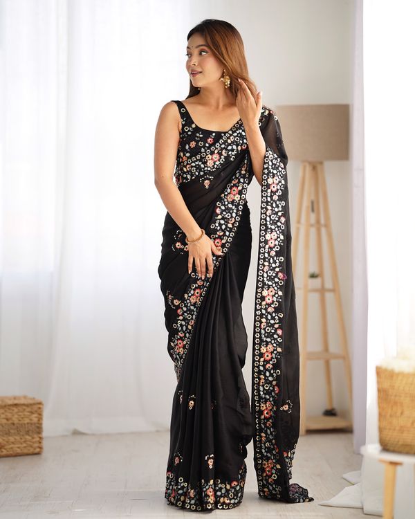Black Multy Thread & Sequance Embroidery Work Satin Chiffon Saree