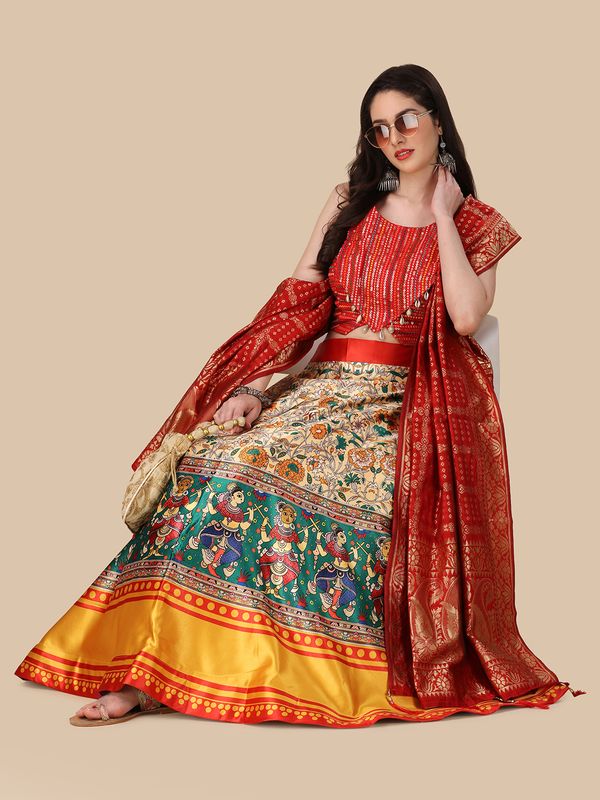 Digital Print Satin Silk Fabric Stitched Lehenga Choli With Jequared Blouse and Assami Silk Thread Work Dupatta For Women and Girls In Festive Party And Traditional Wear
