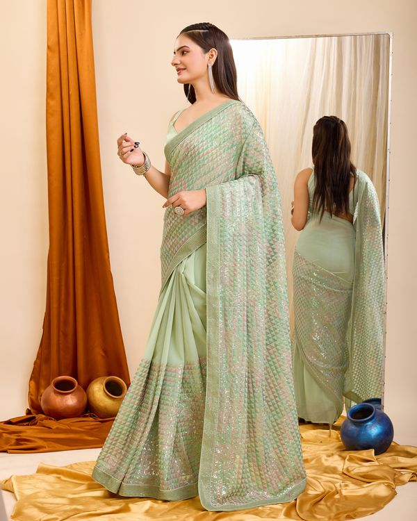 Pista Heavy Sequance Embroidery Work Georgette Saree