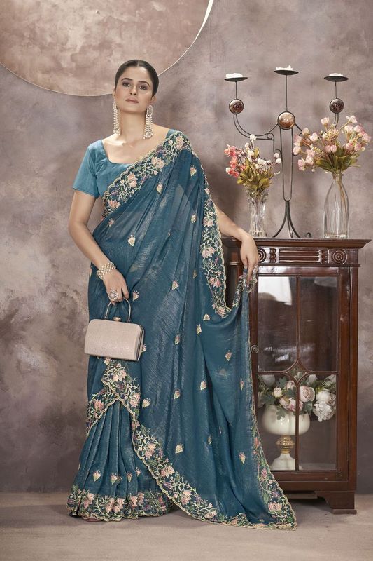 Blue Multy Thread & Sequance Embroidery Cut Work Gold Crunchy Saree