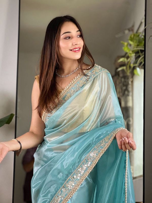 Blue Sequance & Jari Embroidery Work Silver Tissue Silk Saree