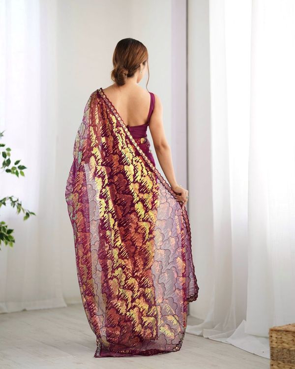 Wine Heavy Sequance Embroidery Work Mono Net Saree