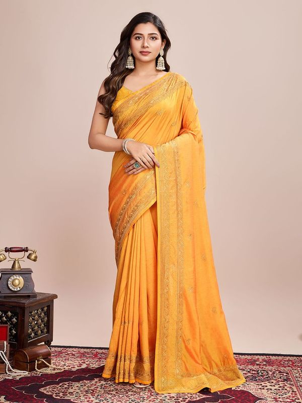Mustard Designer Embroidery Work Vichitra Silk Saree