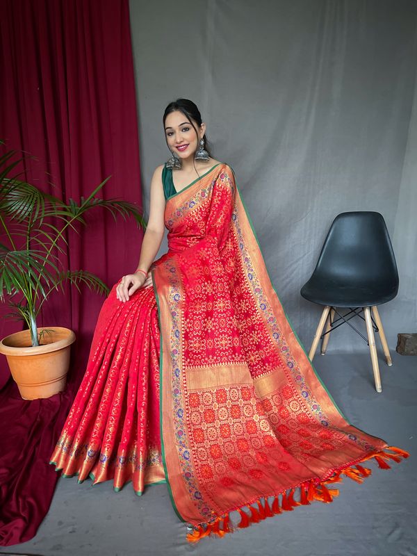 Red Weaving Jacquard Jari Designer Patola Silk Saree