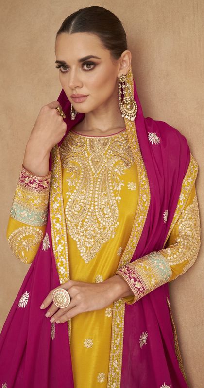 Yellow Chinon Fabric Heavy Embroidery Work Ethnic Salwar Kamez