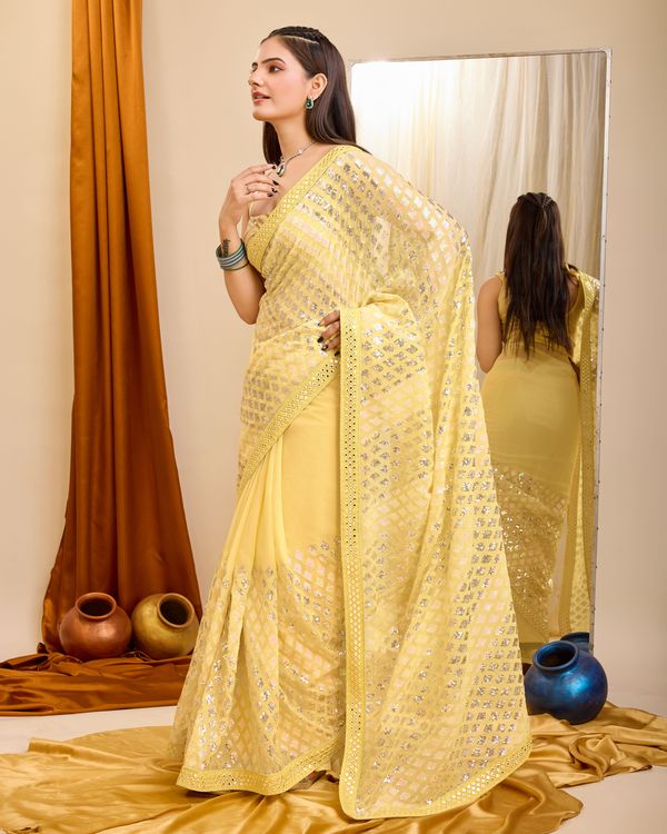 Yellow Designer Sequance Embroidery Work Georgette Saree