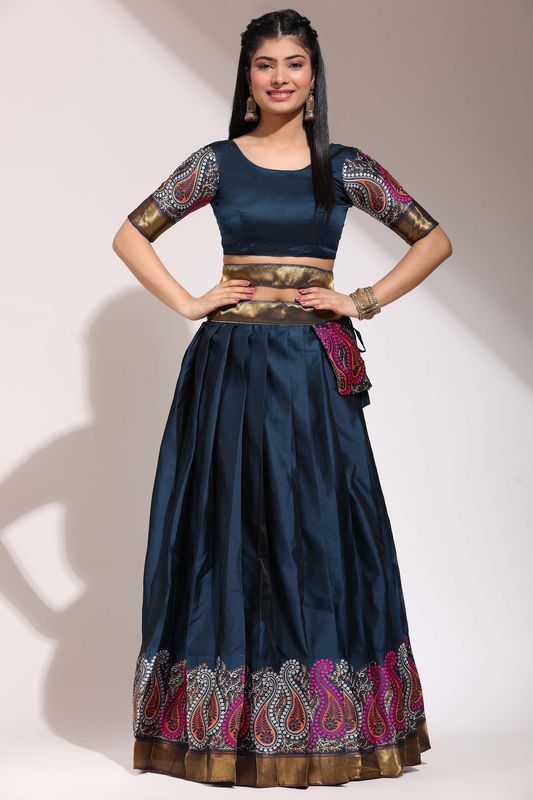 Navy Lichi Silk Jacquard Work Lehenga