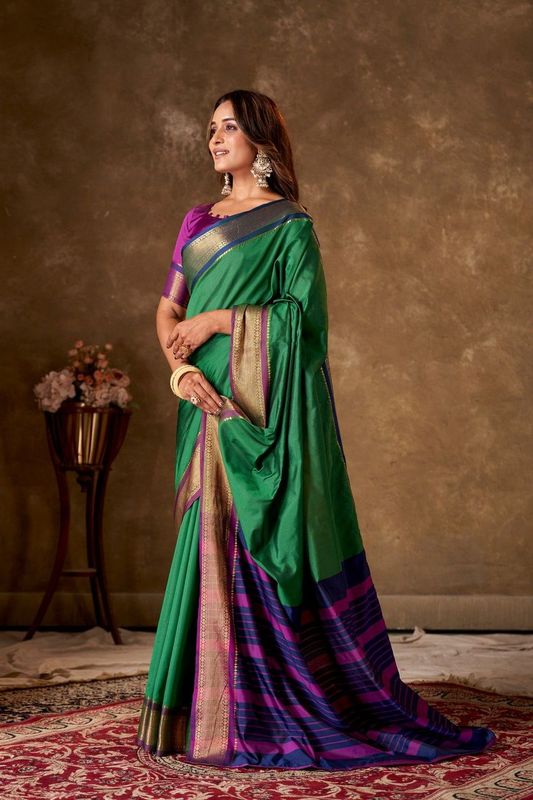 Dark Green Cotton Striped Saree and Stitched Purple Blouse
