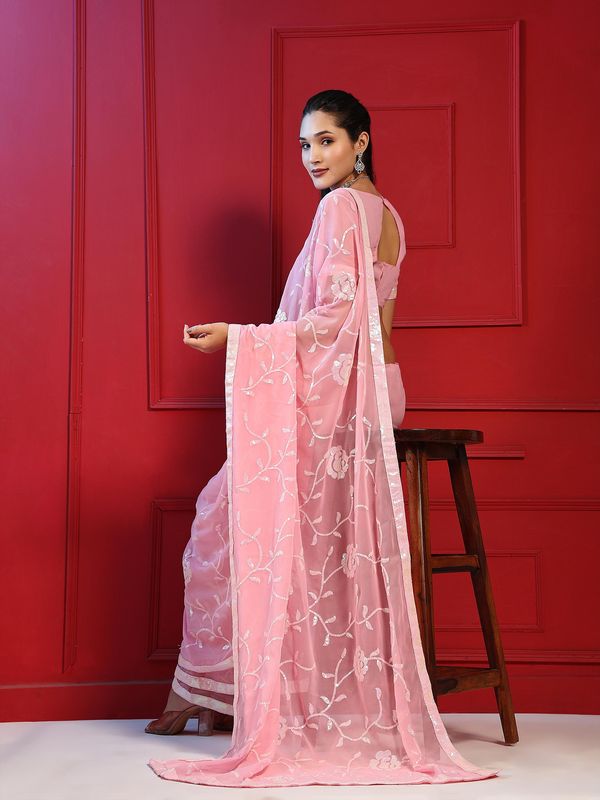 Pink Designer Sequance Embroidery Work Georgette Saree