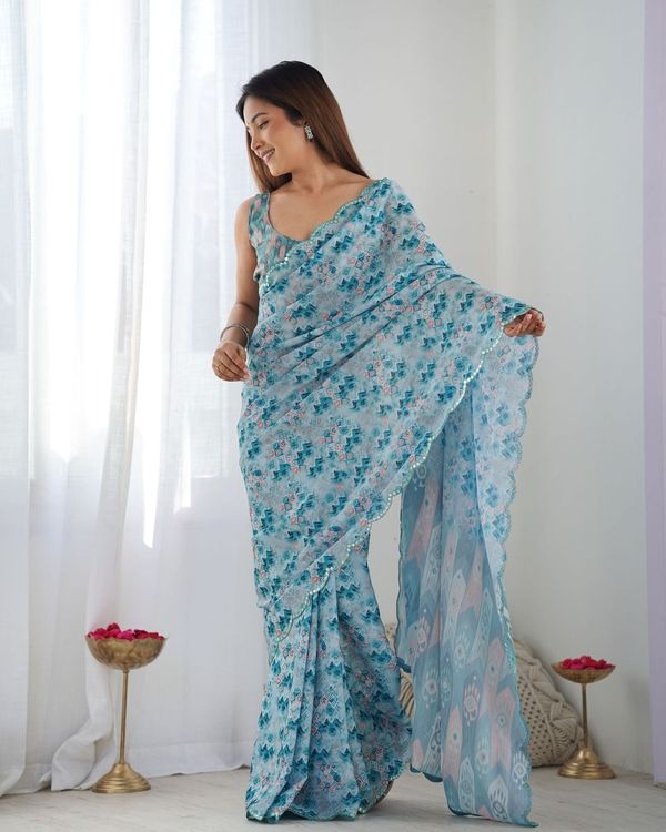 Blue Designer Digital Printed & Mirror Cut Work Chinon Saree