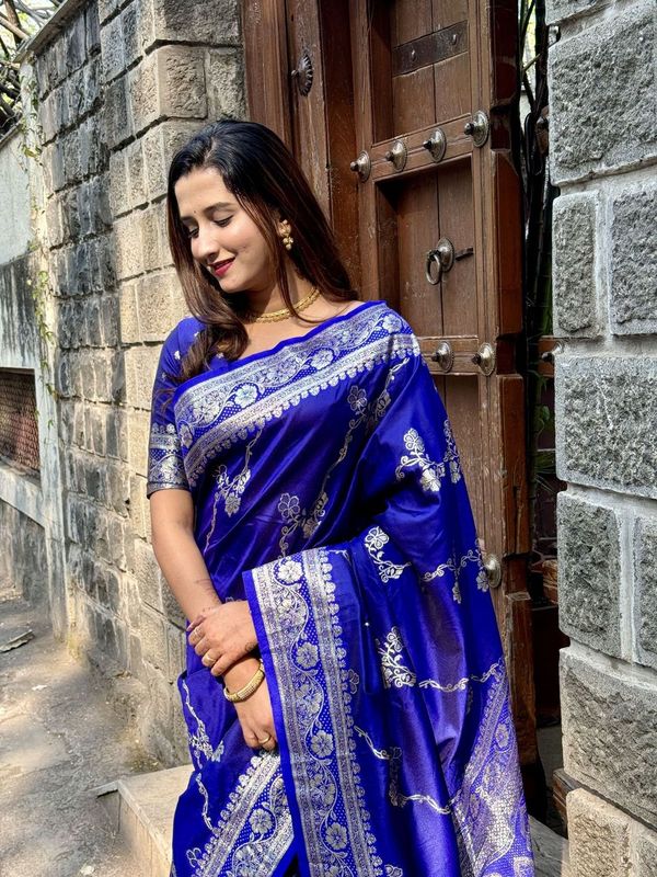 Royal Blue Wevon Jacquard Jari Designer Banarasi Silk Saree