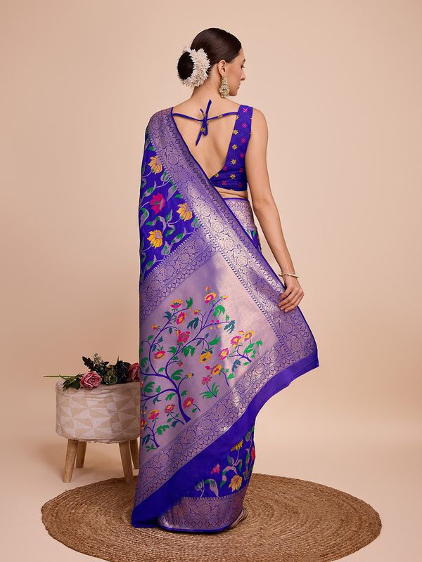 Blue Weaving Meenakari Designer Paithani Silk Saree