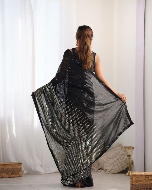 Black Designer Sequance Embroidery Work Georgette Saree