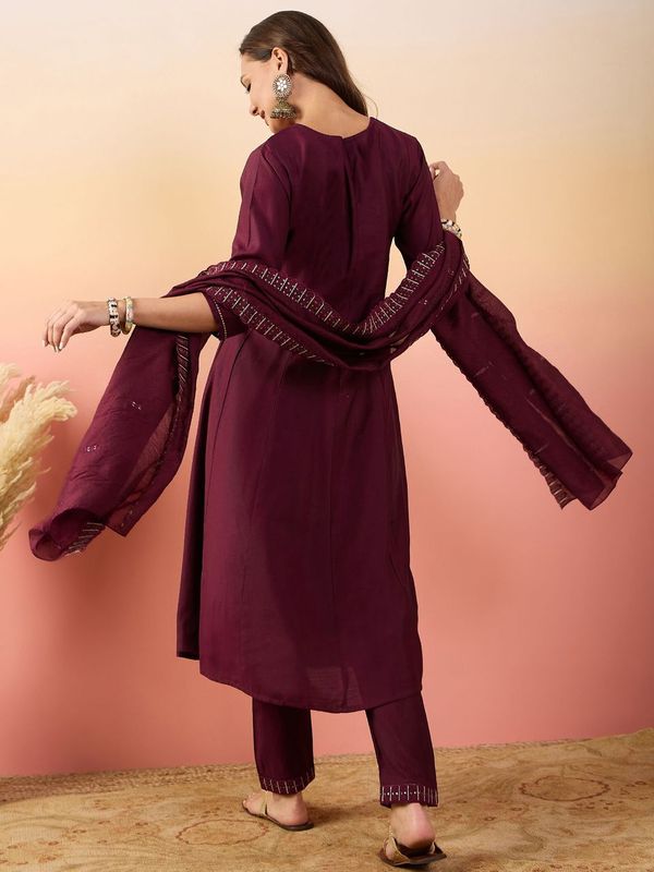 Maroon Color Beautiful Woven Silk Readymade Suit with Festive Thread Embroidery Work