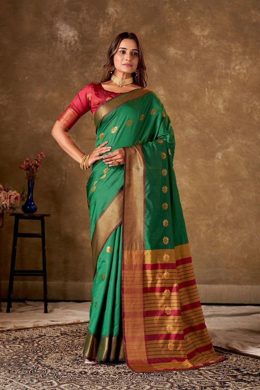 Green Cotton Woven Saree and Stitched Pink Blouse