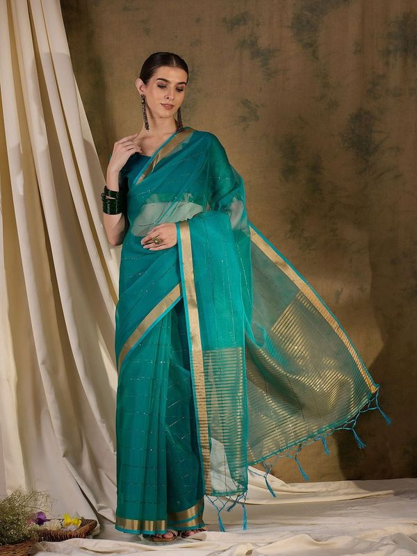 Teal Wevon Jari Pallu Border Designer & Sequance Lining Work Organza Silk Saree